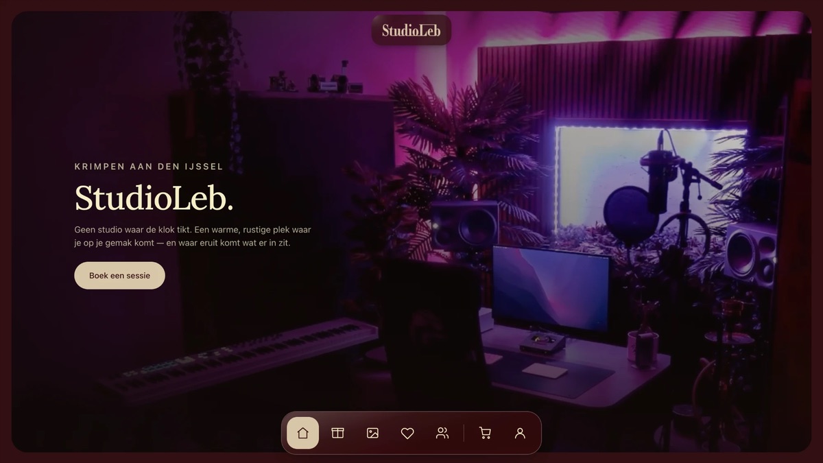 The front page of StudioLeb: the recording room in purple light, with the name and a button to book a session